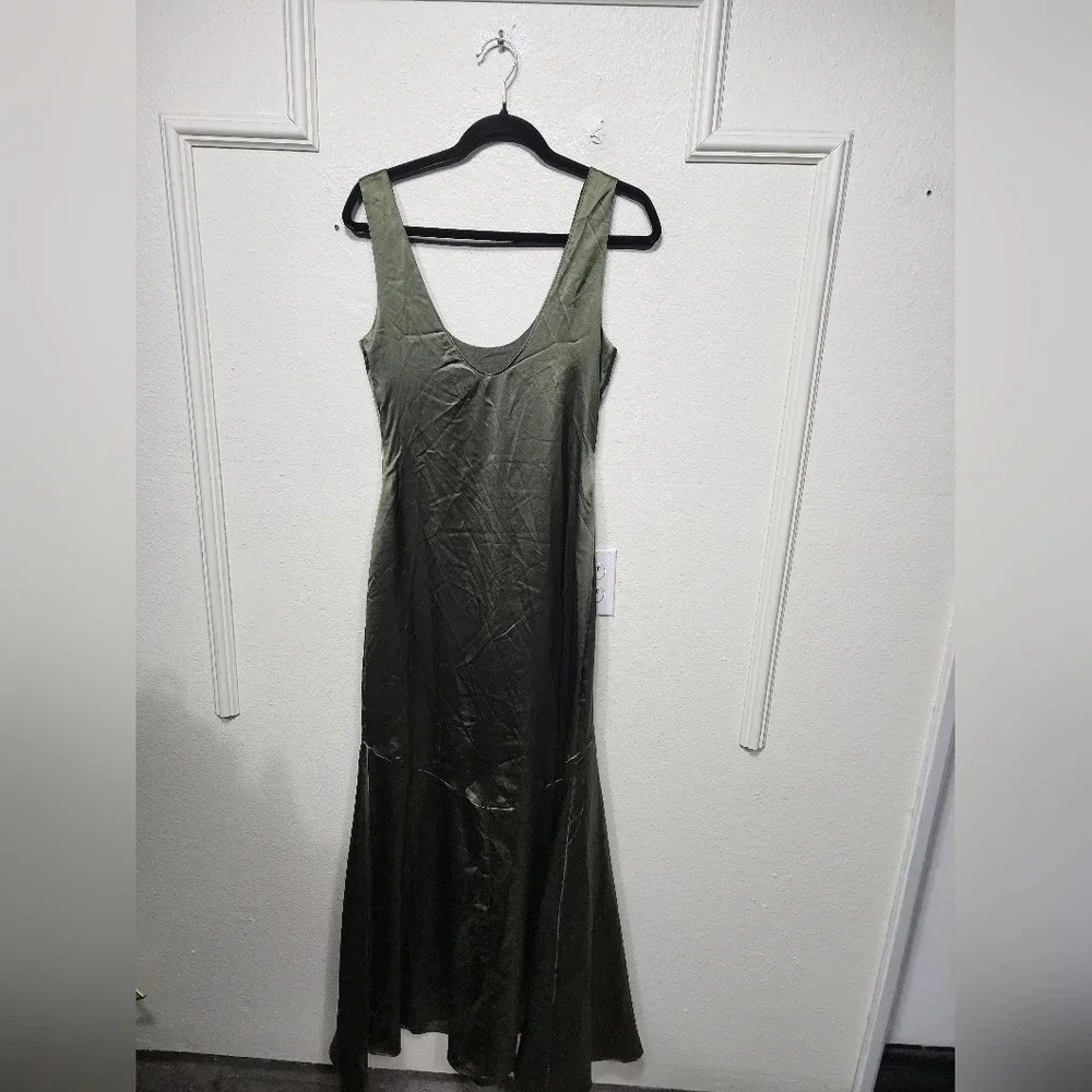 Lulus Enchanting Sophistication Olive Green Satin Mermaid Maxi Dress Party - Picture 9 of 10